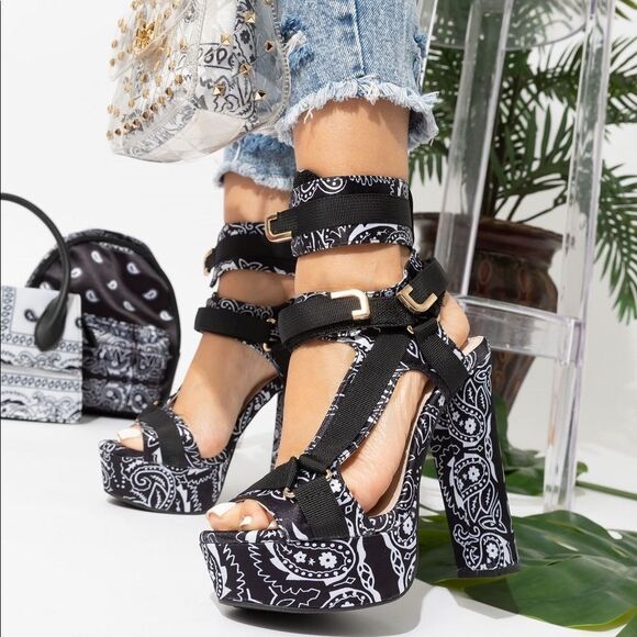 Black Bandana Platform Heels | Chunky Block Strappy Sandals - Picture 1 of 8